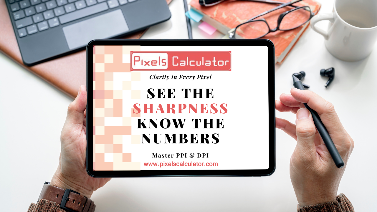 Pixel Density Calculator promotional image showing tablet screen with the words "See the Sharpness, Know the Numbers" and a Visit Us button to www.pixelscalculator.com.