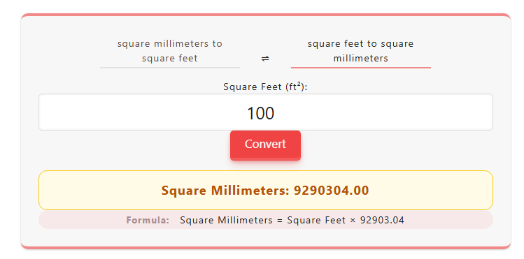 100 square feet to square millimeters conversion example using Square Feet to Square Millimeters Calculator