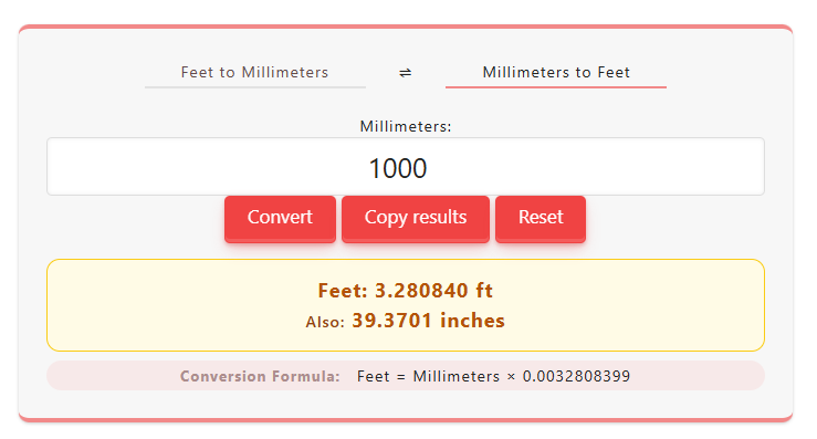 1000 mm to feet conversion showing 1000 millimeters equals 3.28084 feet and 39.37 inches using the mm to feet calculator.