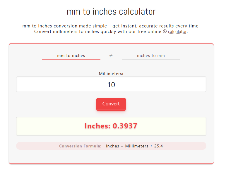10 mm to inches — screenshot showing 10 millimeters equals 0.3937 inches using the converter.