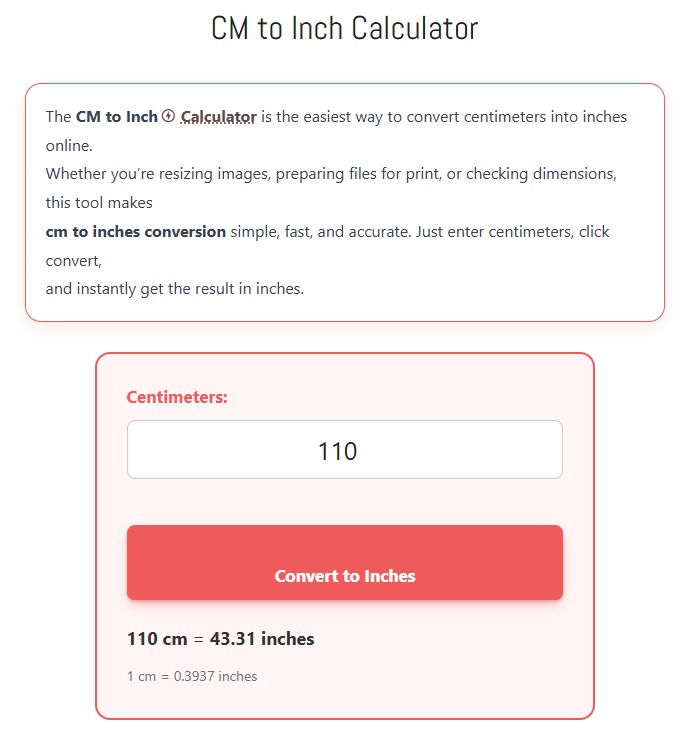 110 cm to inches — screenshot showing 110 centimeters equals 43.31 inches using the converter.