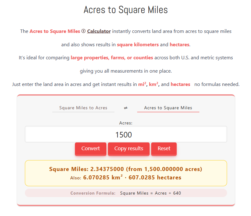1500 acres to square miles — screenshot showing that 1500 acres equals 2.34375 square miles using the online converter