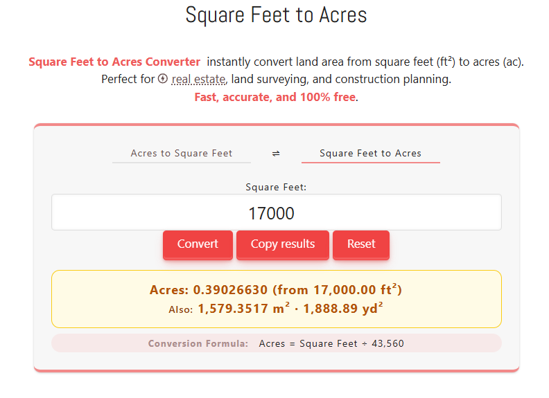 17000 square feet to acres — 17,000 ft² equals 0.3904 acres using standard land conversion formula.