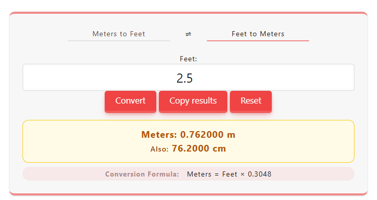 2.5 feet to meters conversion example using online feet to meters calculator