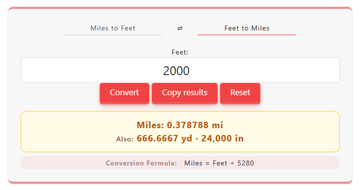 2,000 feet to miles conversion example using Feet to Mile Calculator