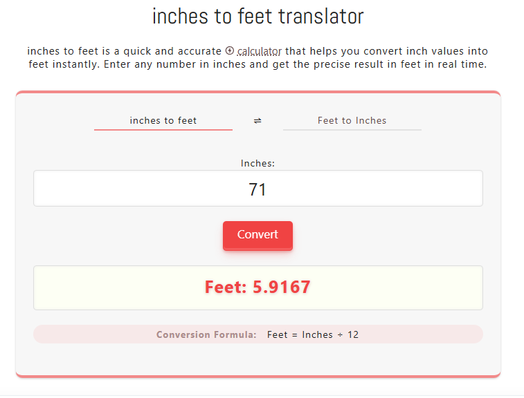 71 inches to feet — screenshot showing 71 inches equals 5.9167 ft (5 ft 11 in) using the converter.