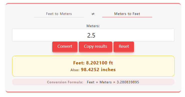 Meters to Feet Converter showing example of 2.5 meters equals 8.2021 feet or 8 feet 2.4 inches.